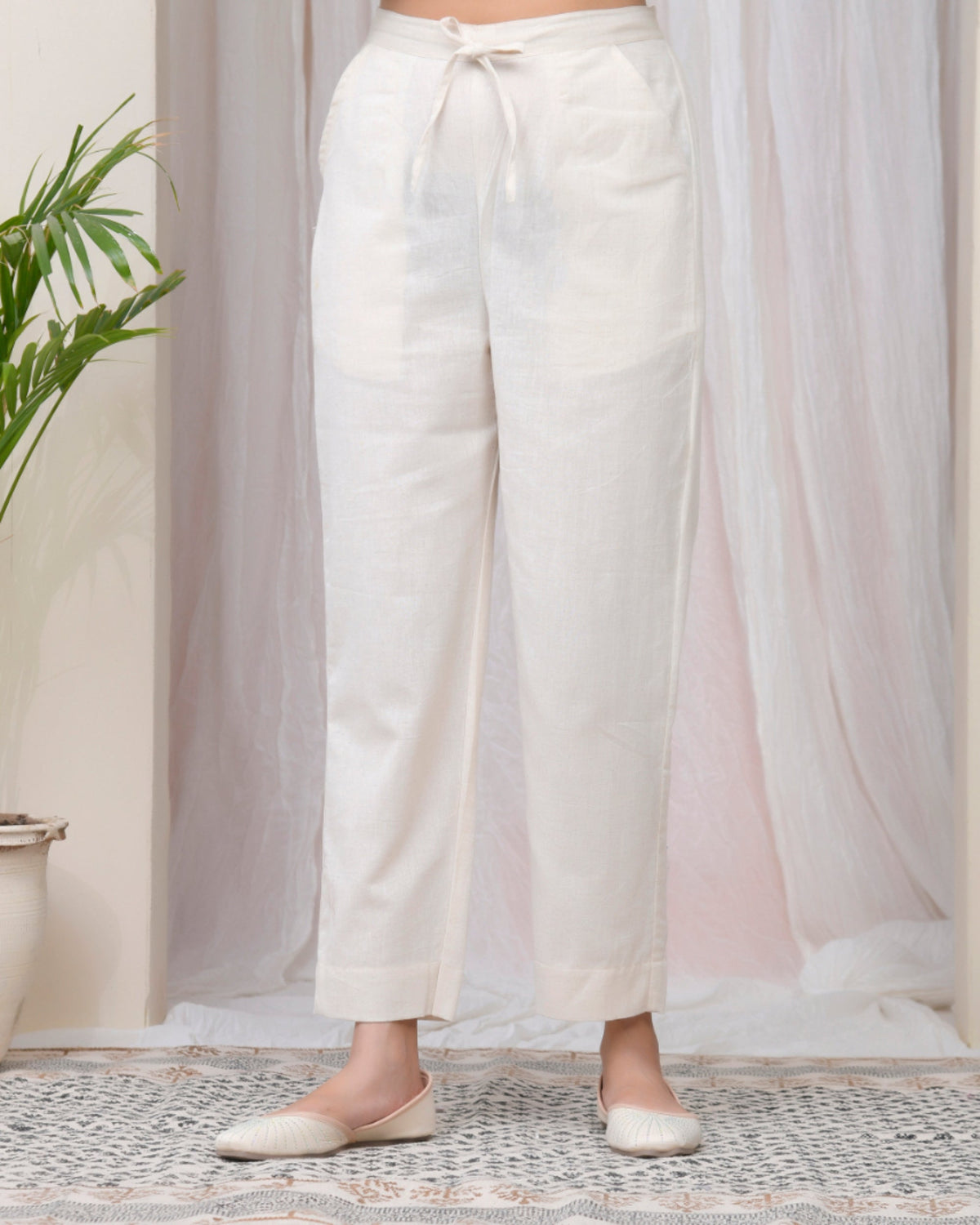 Vaasva Women Natural Cotton Flax Solid Straight Pants | Grocsy
