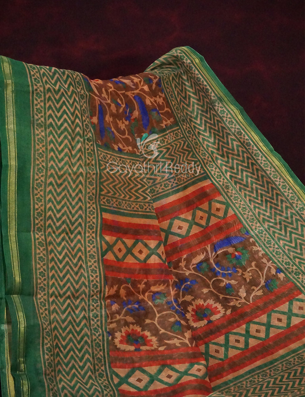 Shades of Dark Mehndi With Leaf Green Blouse Creeper Design Semi Chanderi Saree By Gayathri Reddy Designer Studio | Grocsy