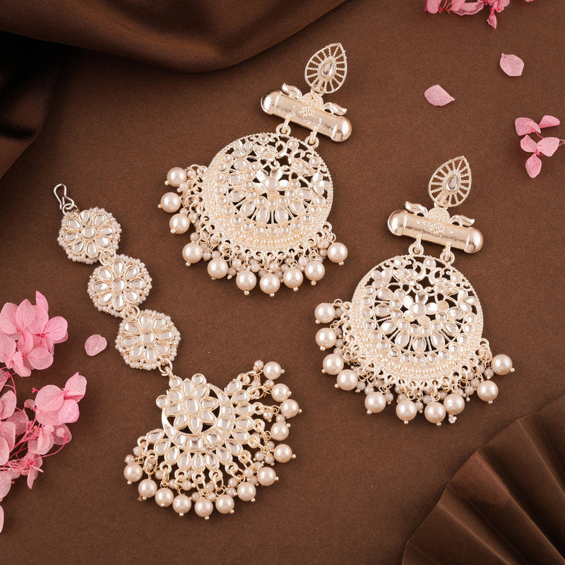 Tehzeeb Creations Fashionable Gold Earrings With Tikka Studded With Kundan And Pearl | Grocsy