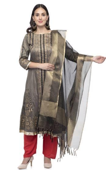 A R Silk Women's Tissue Silk Zari Work Black Regular Dupatta | Grocsy