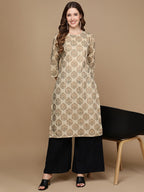 HERE&NOW Beige & Brown Ethnic Motifs Embroidered Pure Cotton Straight Kurta | Grocsy
