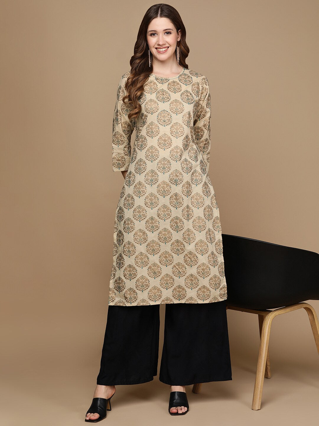 HERE&NOW Beige & Brown Ethnic Motifs Embroidered Pure Cotton Straight Kurta | Grocsy