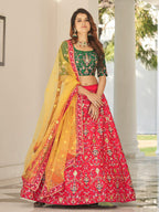 Myra Green and Yellow Heavy Embroidered Designer Lehenga | Grocsy