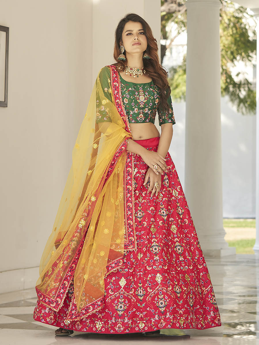 Myra Green and Yellow Heavy Embroidered Designer Lehenga | Grocsy