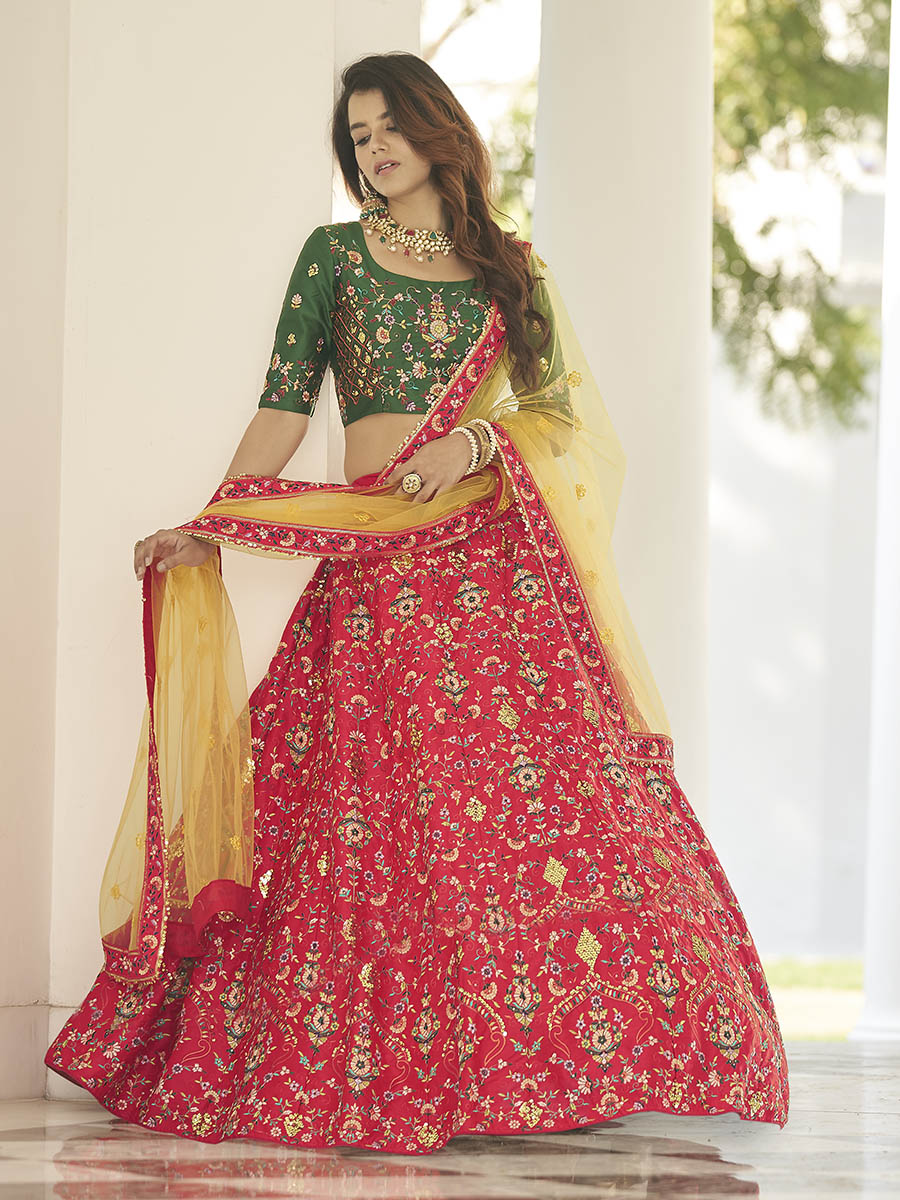 Myra Green and Yellow Heavy Embroidered Designer Lehenga | Grocsy