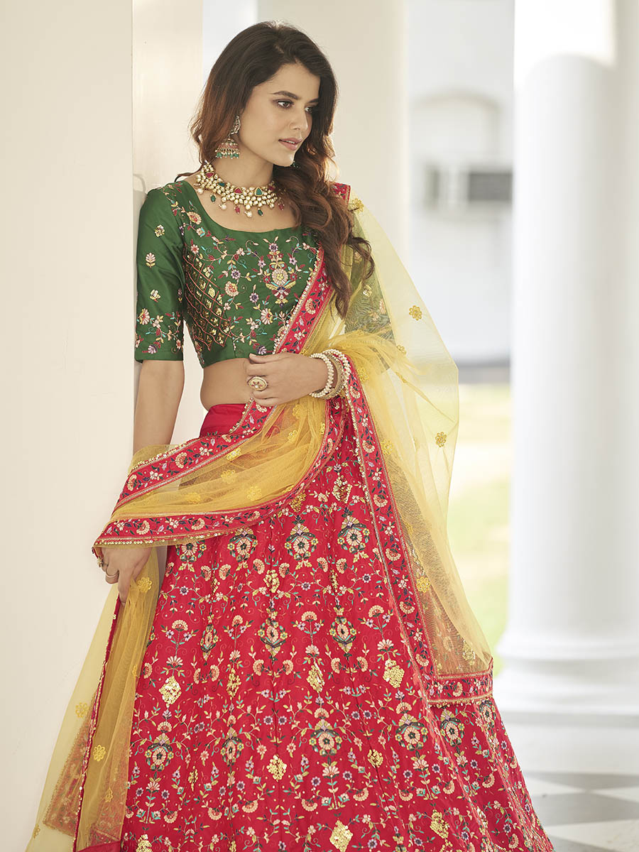 Myra Green and Yellow Heavy Embroidered Designer Lehenga | Grocsy