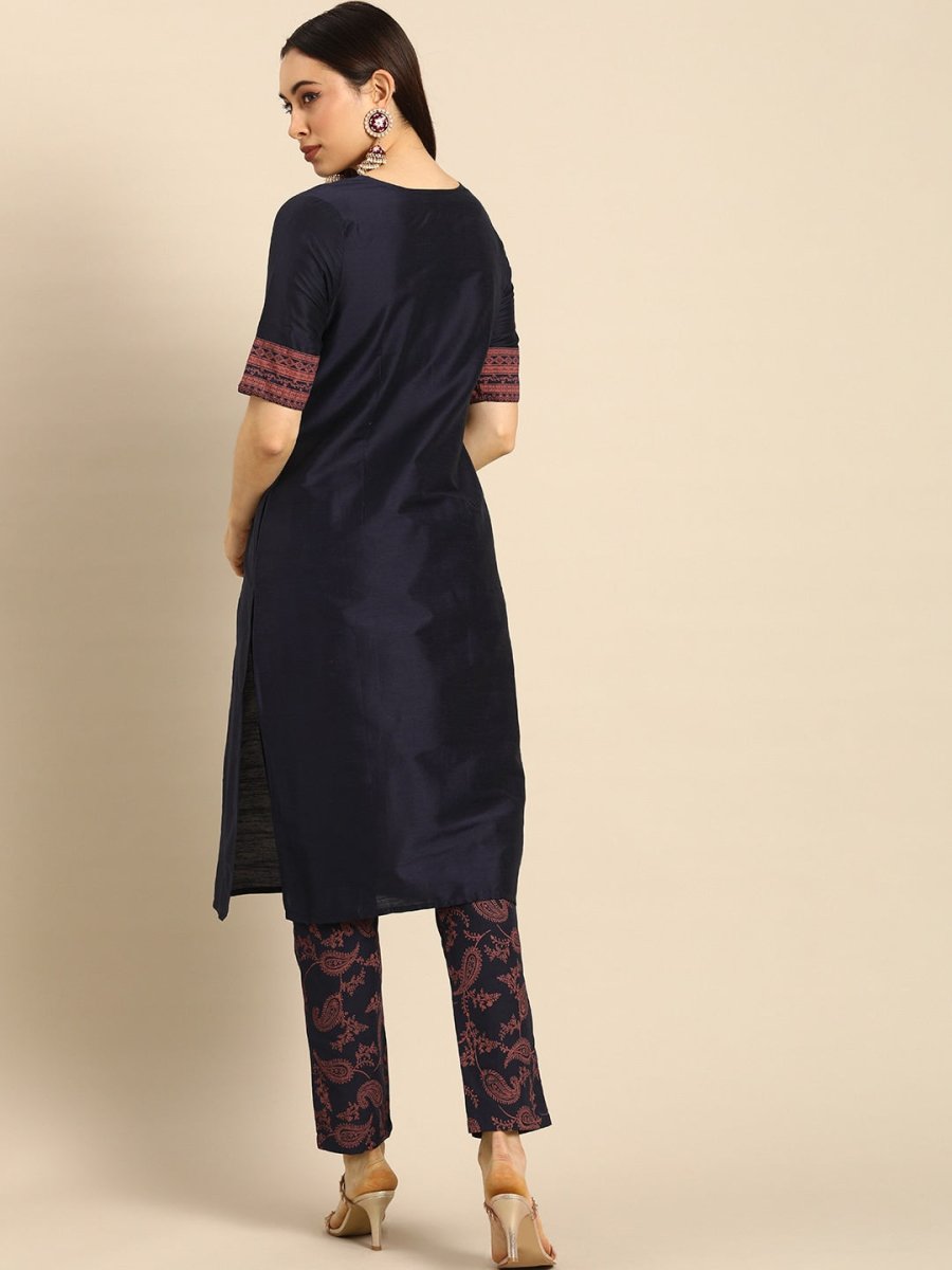 All About You Women Navy Blue Ethnic Motifs Printed Regular Kurta with Printed Trousers | Grocsy