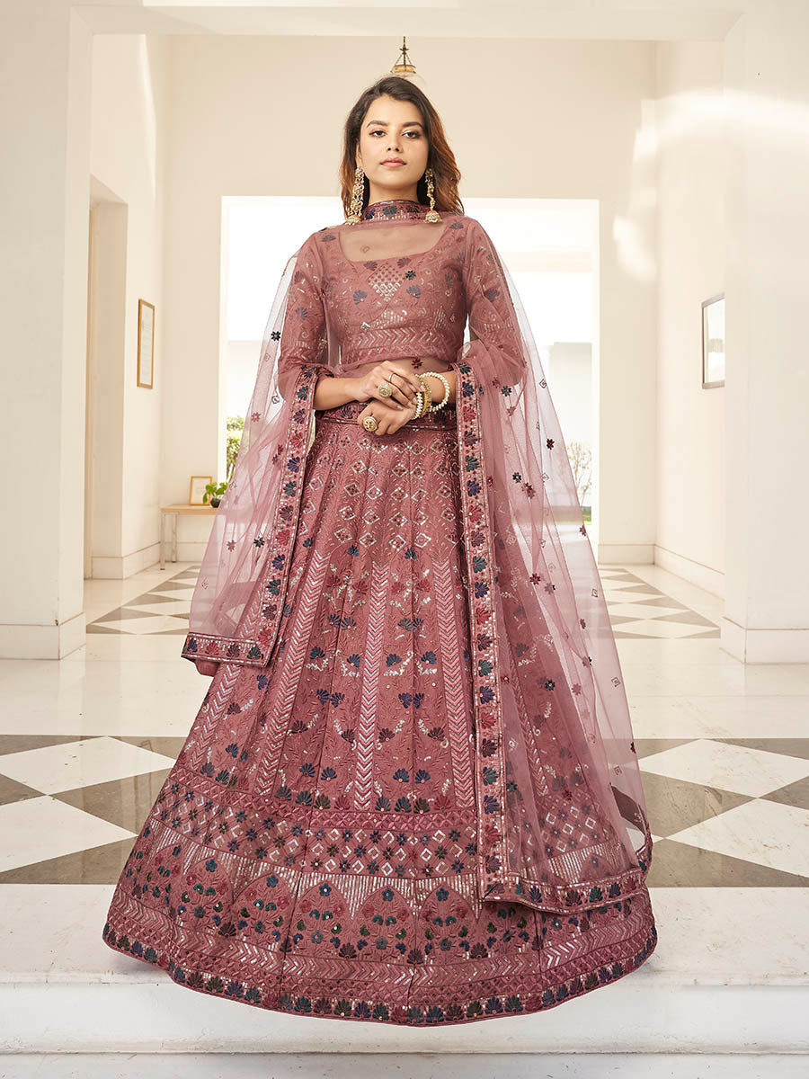 Myra Rust Orange Heavy Embroidered Designer Lehenga | Grocsy