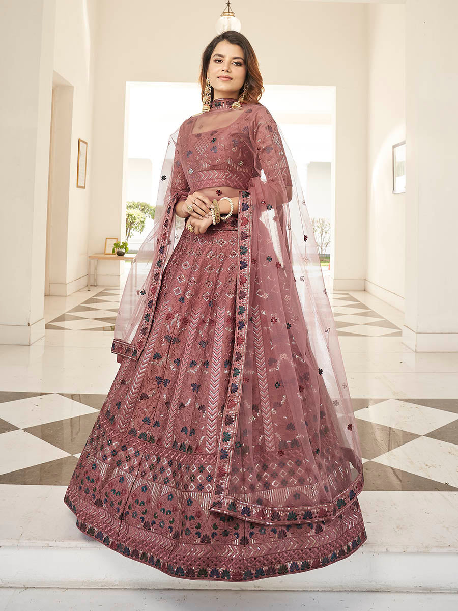 Myra Rust Orange Heavy Embroidered Designer Lehenga | Grocsy