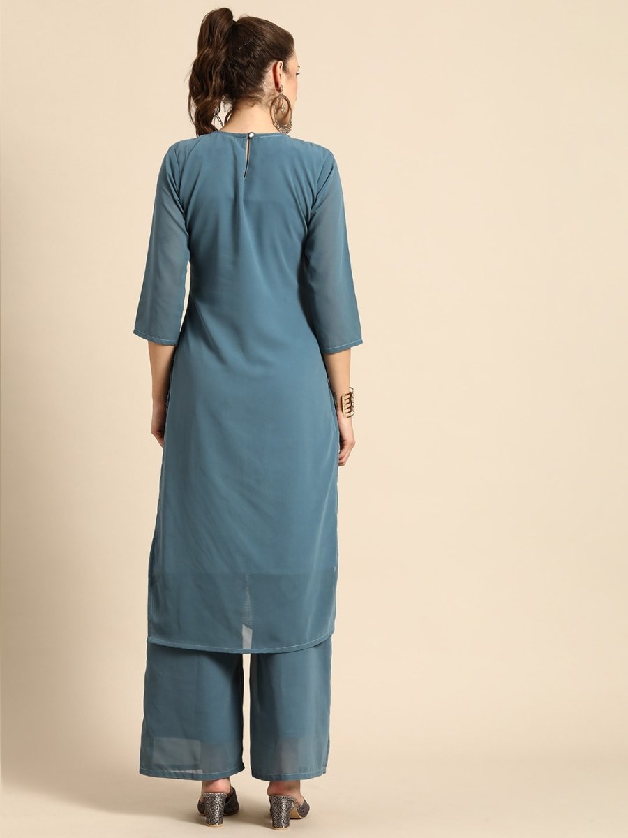 All About You Women Grey Ethnic Motifs Embroidered Regular Chikankari Kurta with Palazzos | Grocsy