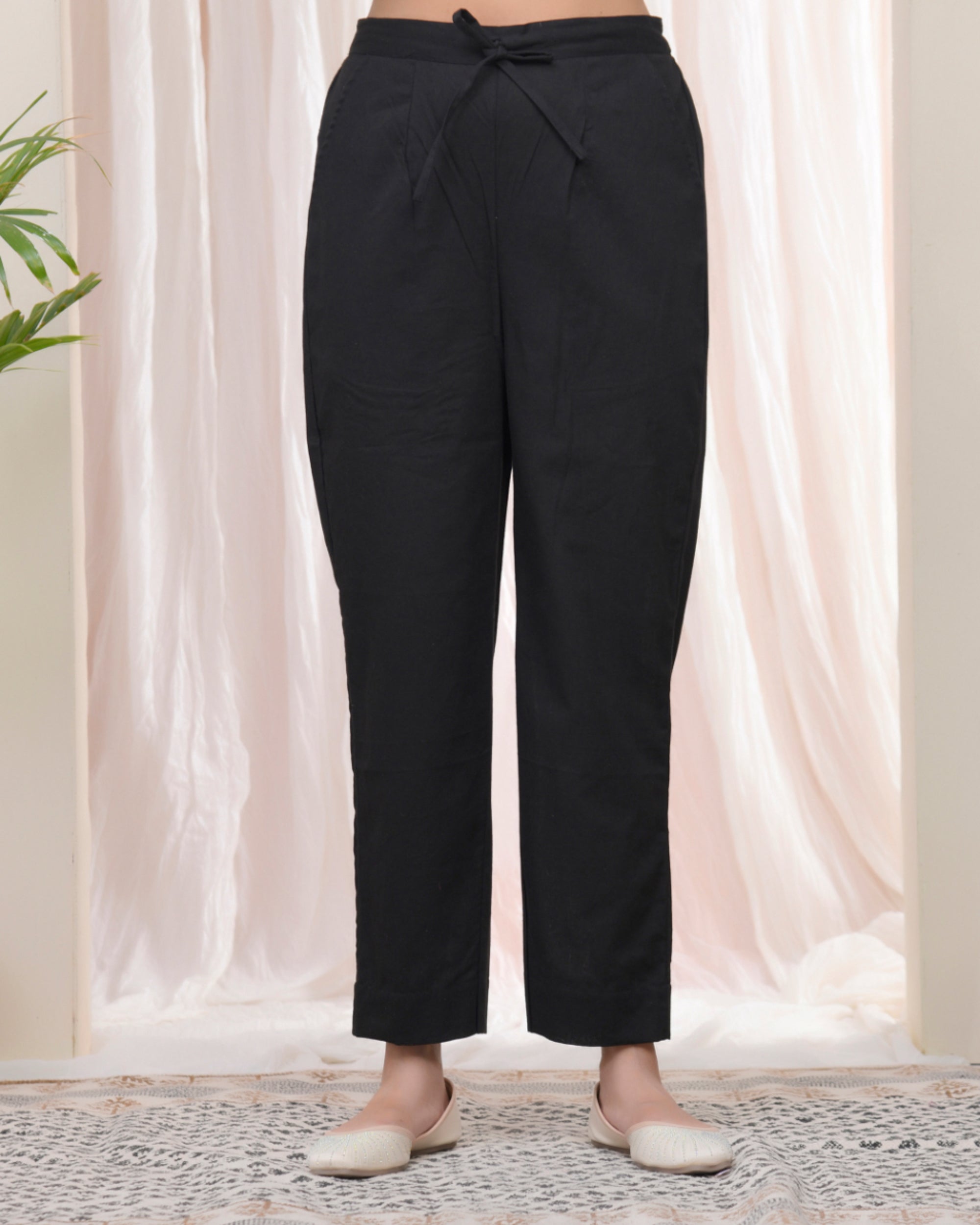 Vaasva Women Black Cotton Flax Solid Straight Pants | Grocsy