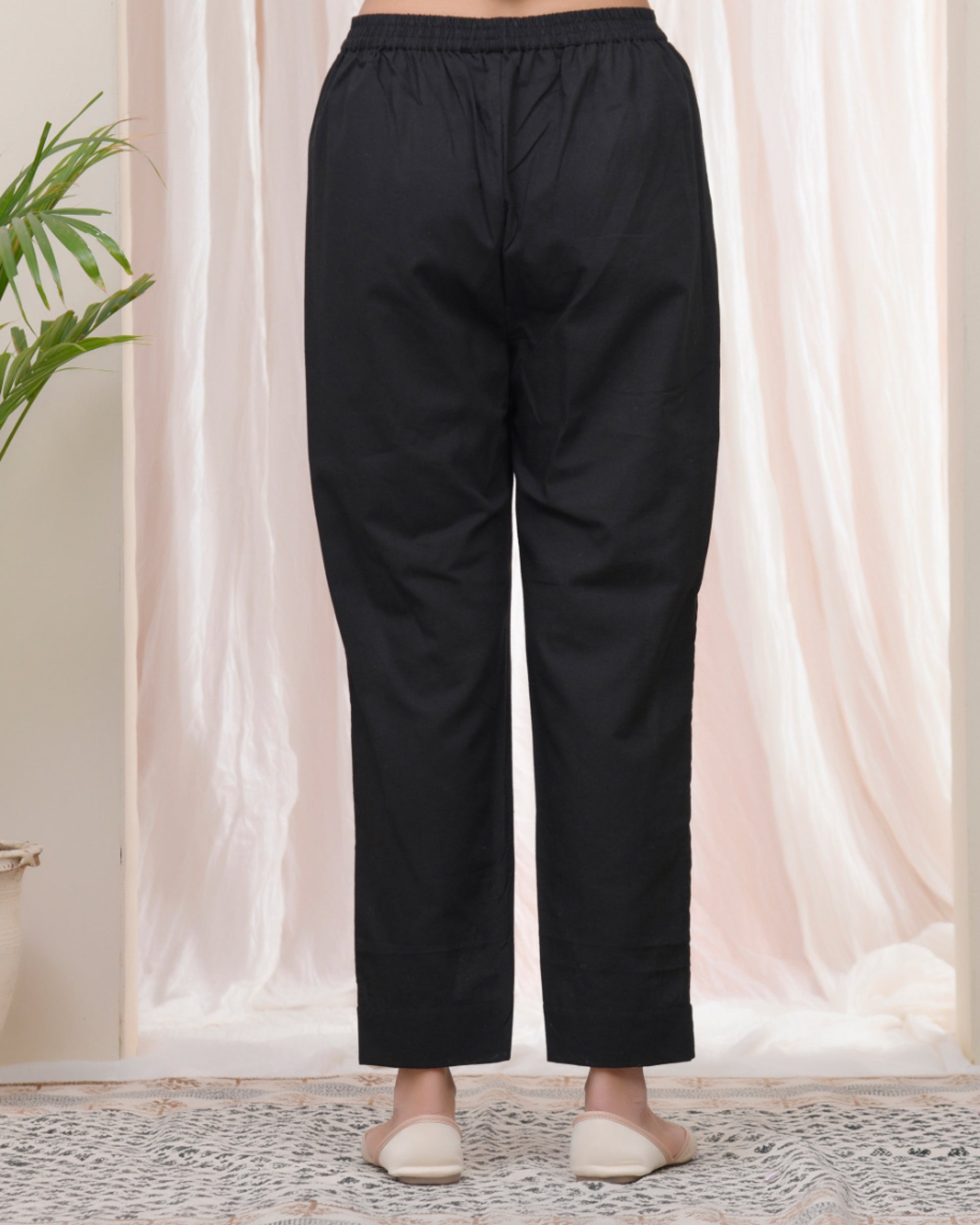 Vaasva Women Black Cotton Flax Solid Straight Pants | Grocsy