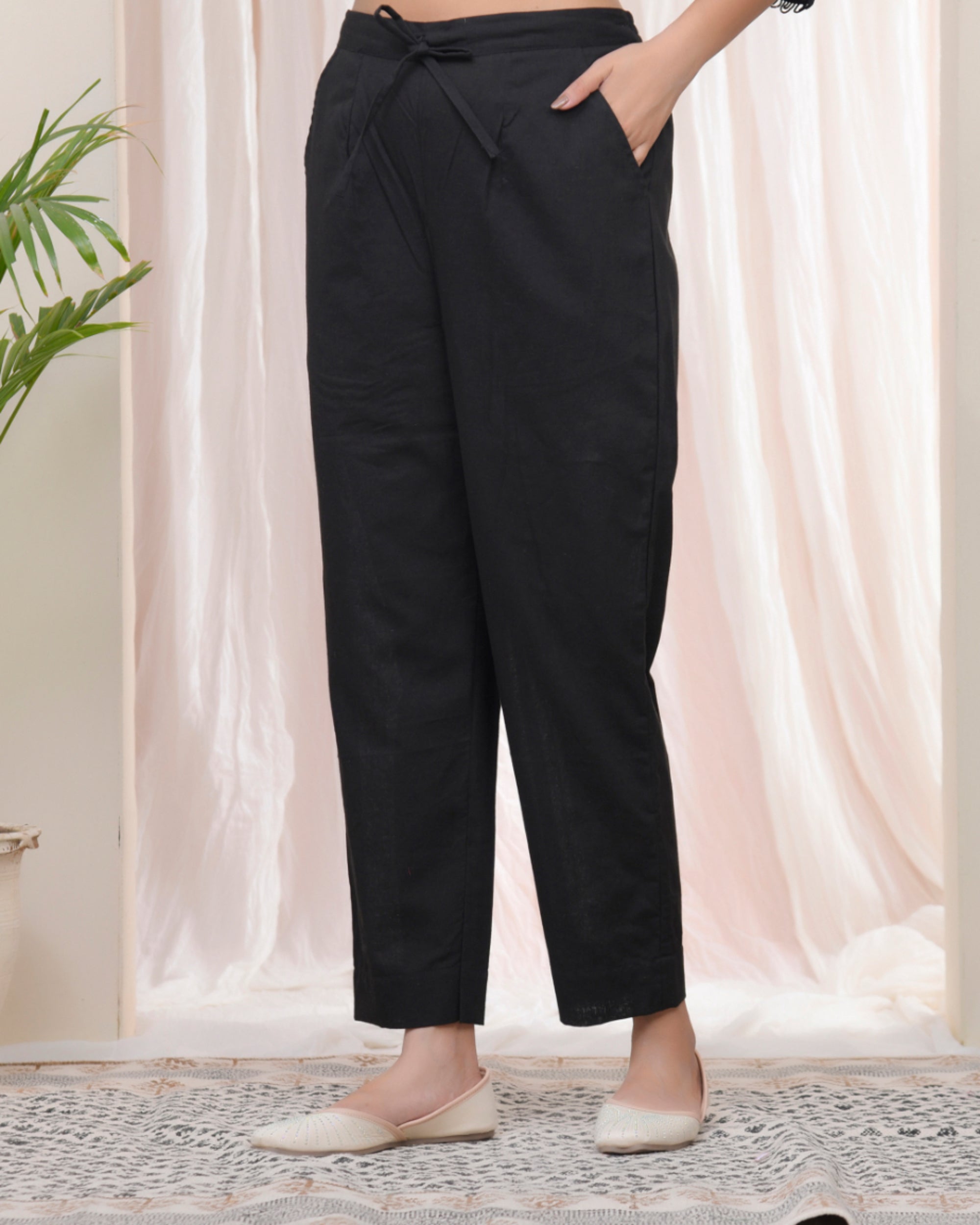 Vaasva Women Black Cotton Flax Solid Straight Pants | Grocsy
