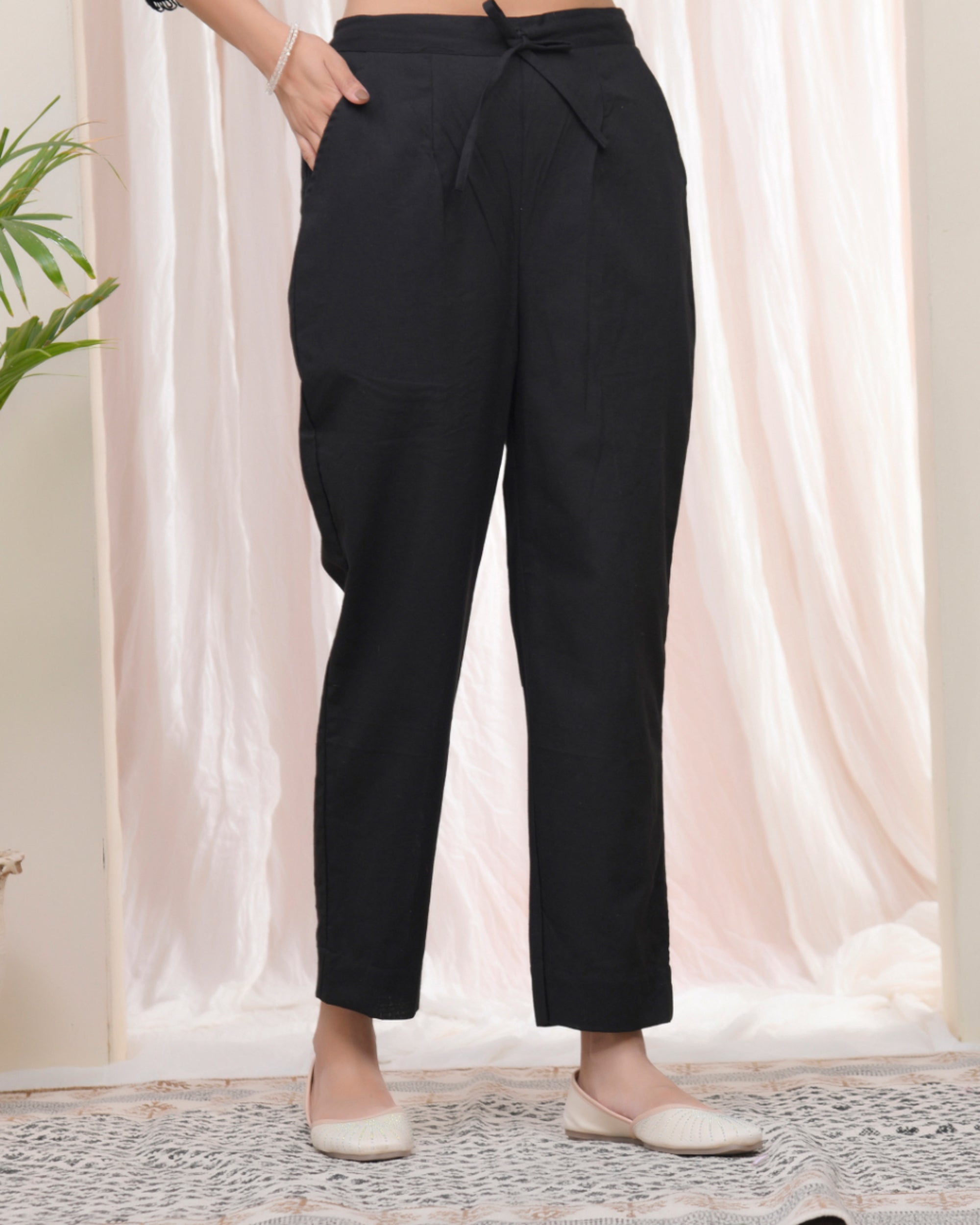 Vaasva Women Black Cotton Flax Solid Straight Pants | Grocsy
