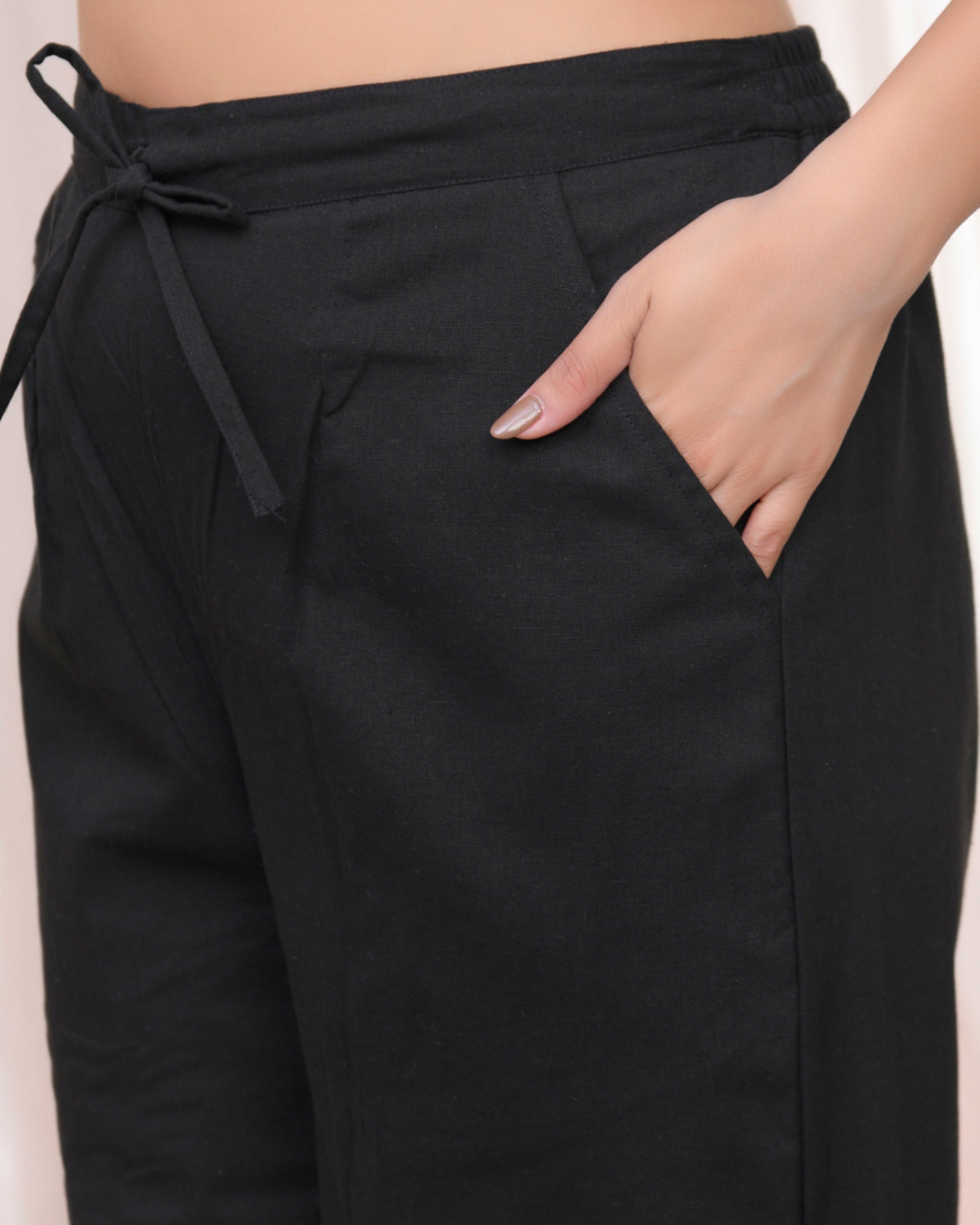 Vaasva Women Black Cotton Flax Solid Straight Pants | Grocsy