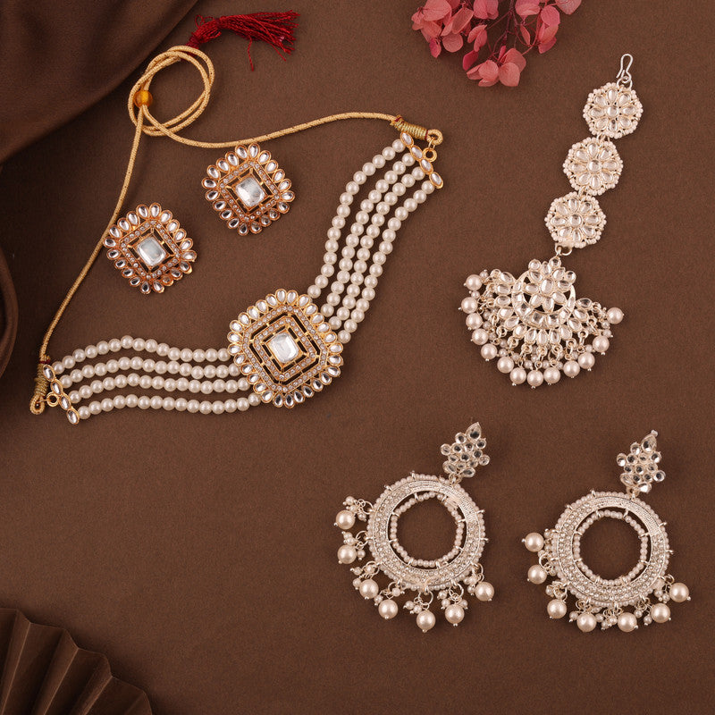Tehzeeb Creations Fashionable Gold Necklace Earrings With Tikka Studded With Kundan And Pearl | Grocsy