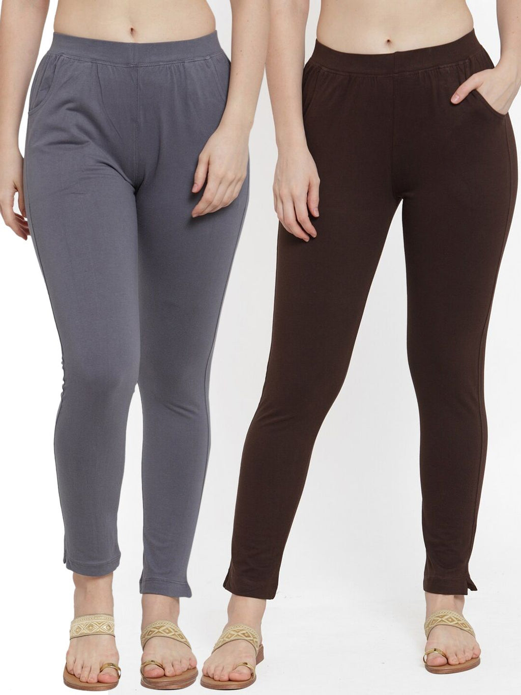 TAG 7 Women Pack Of 2 Solid Ankle-Length Straight-Fit Leggings | Grocsy