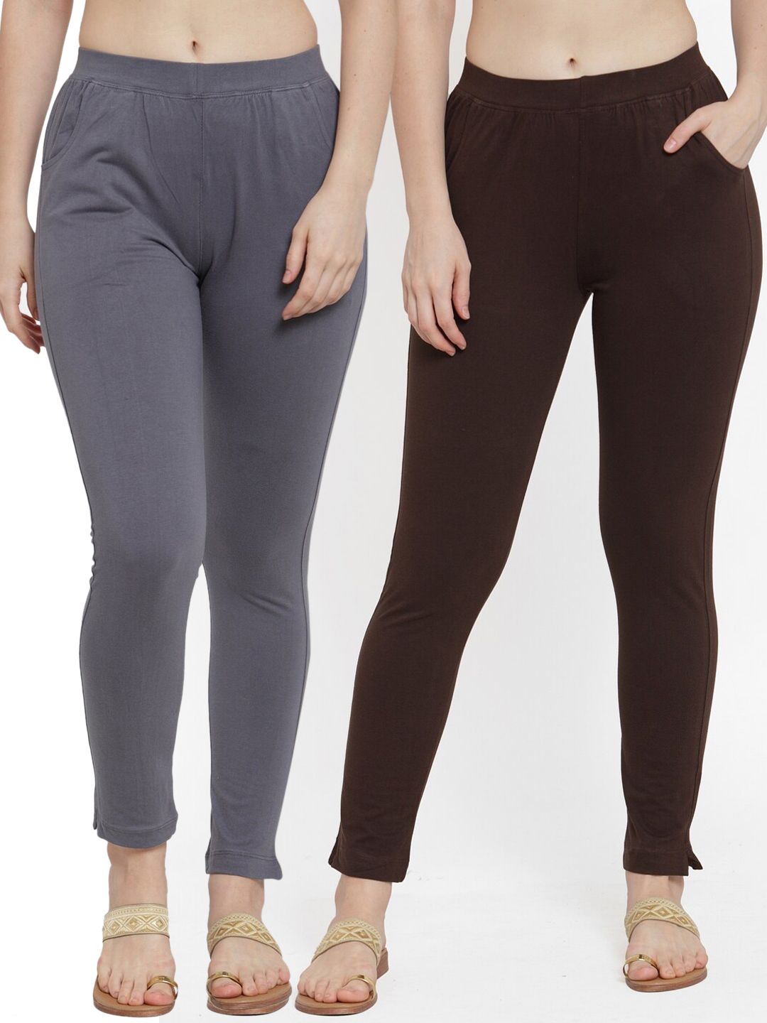 TAG 7 Women Pack Of 2 Solid Ankle-Length Straight-Fit Leggings | Grocsy