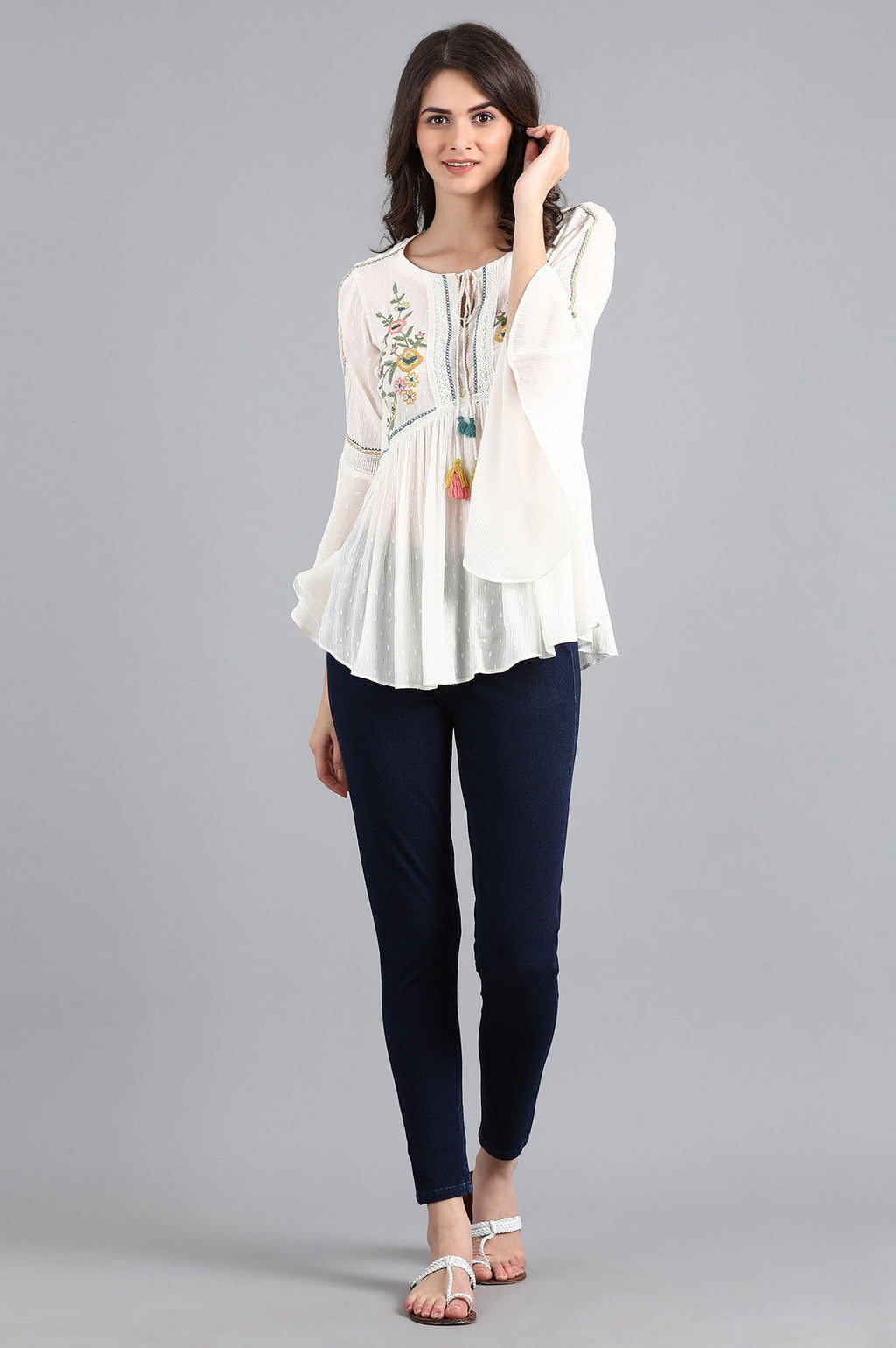 W for Woman White Round Neck Flared Top | Grocsy