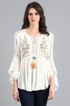 W for Woman White Round Neck Flared Top | Grocsy