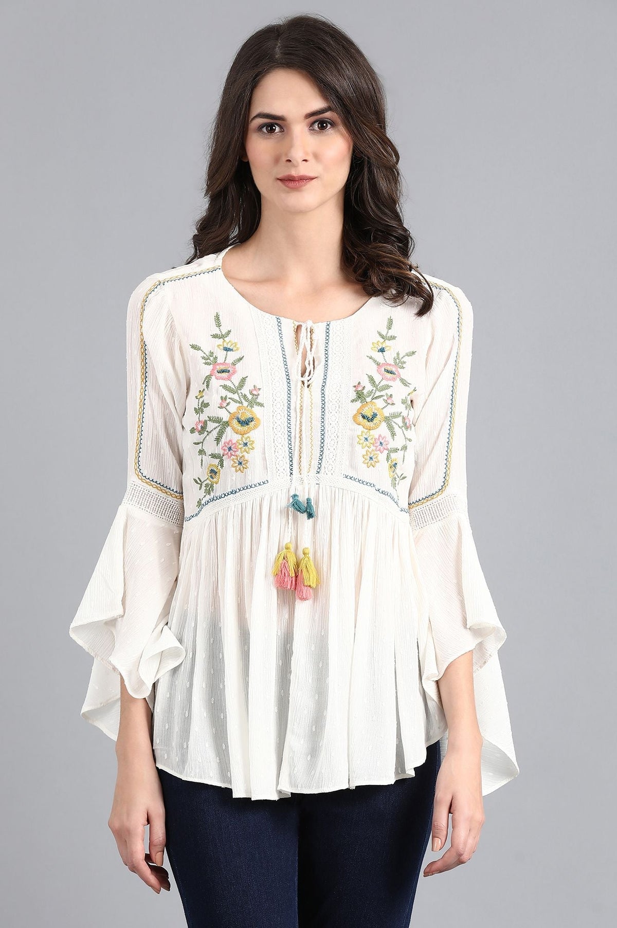 W for Woman White Round Neck Flared Top | Grocsy