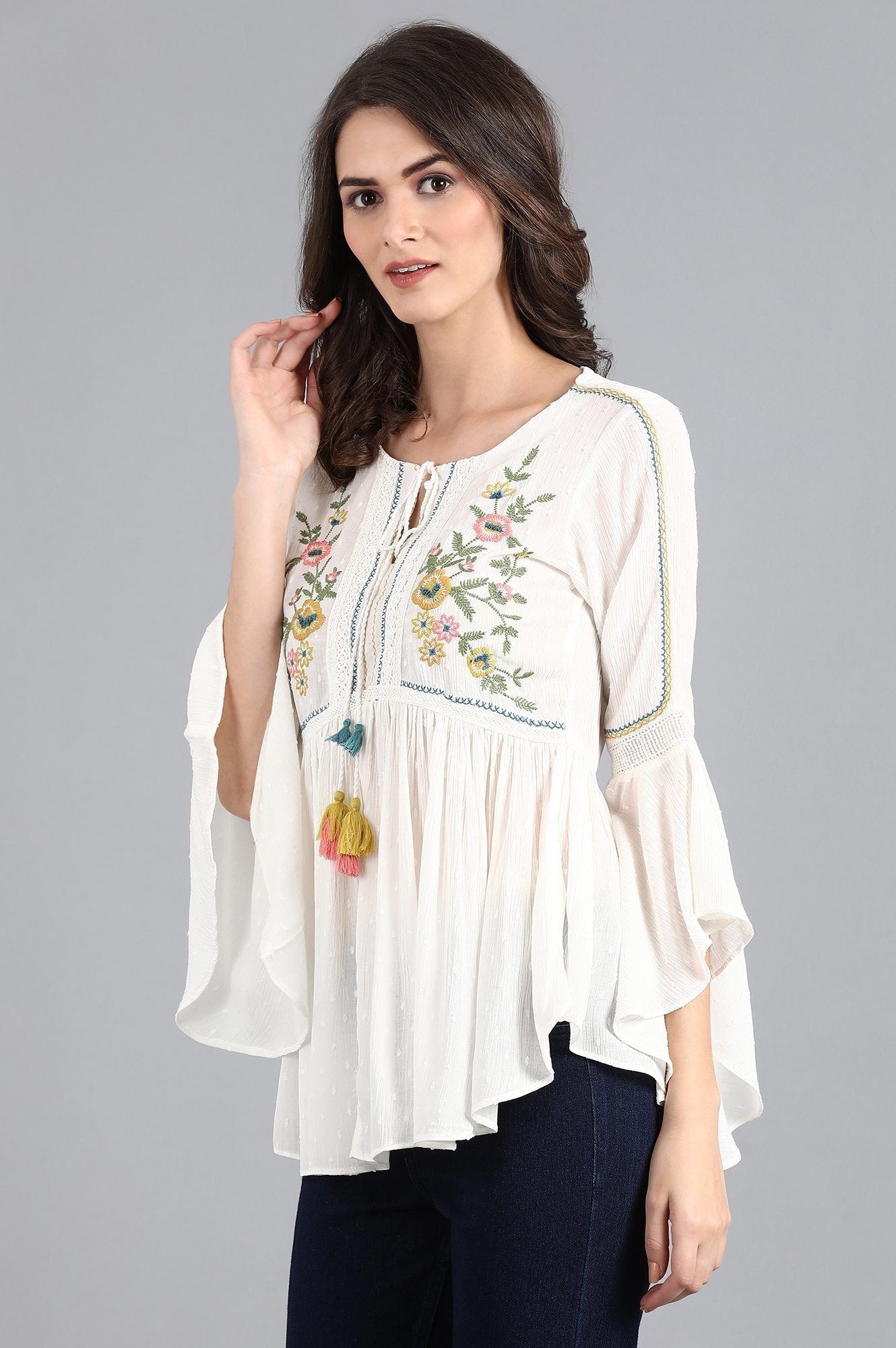 W for Woman White Round Neck Flared Top | Grocsy