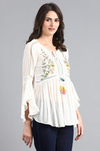 W for Woman White Round Neck Flared Top | Grocsy