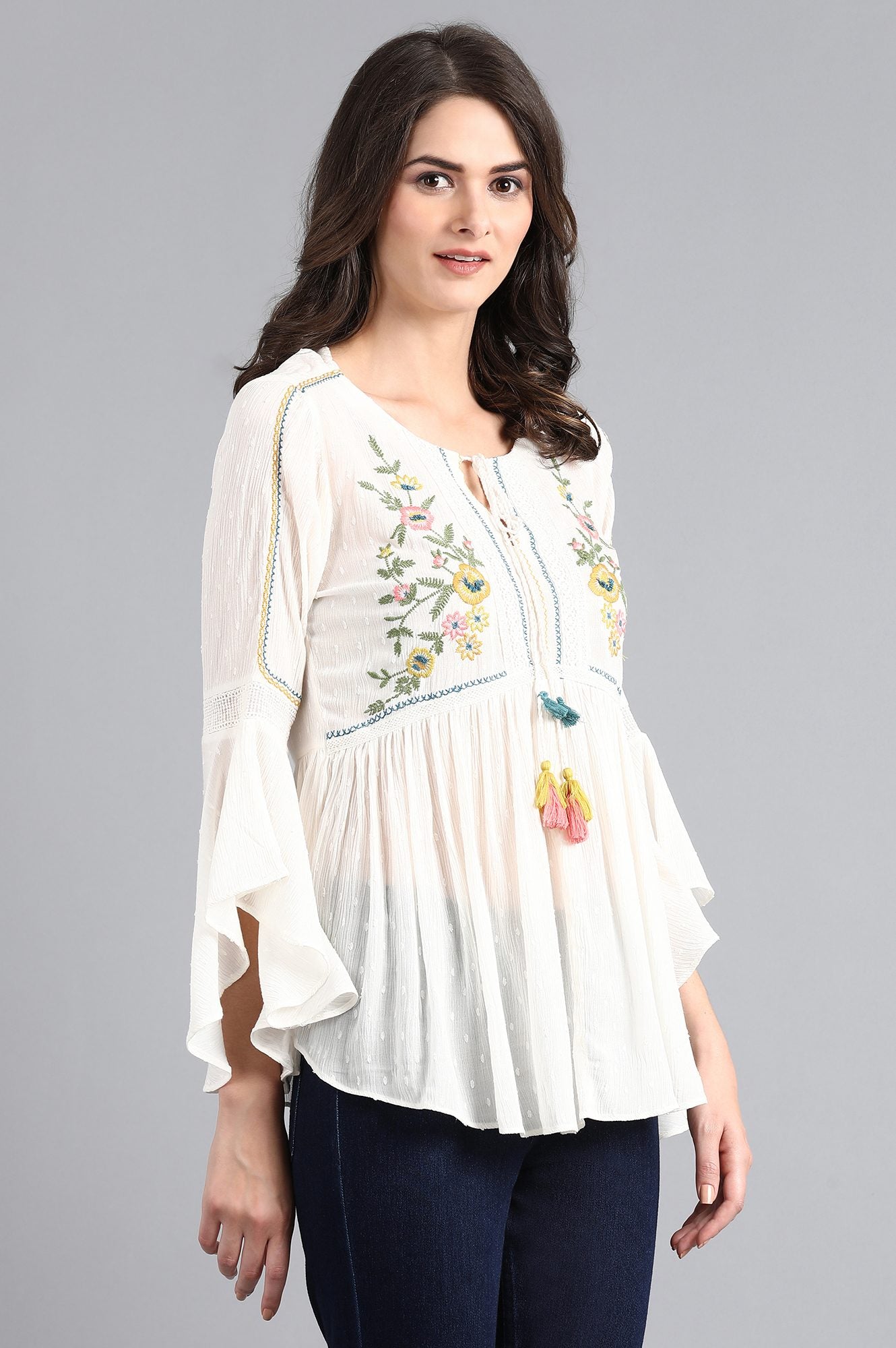 W for Woman White Round Neck Flared Top | Grocsy