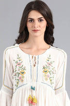 W for Woman White Round Neck Flared Top | Grocsy