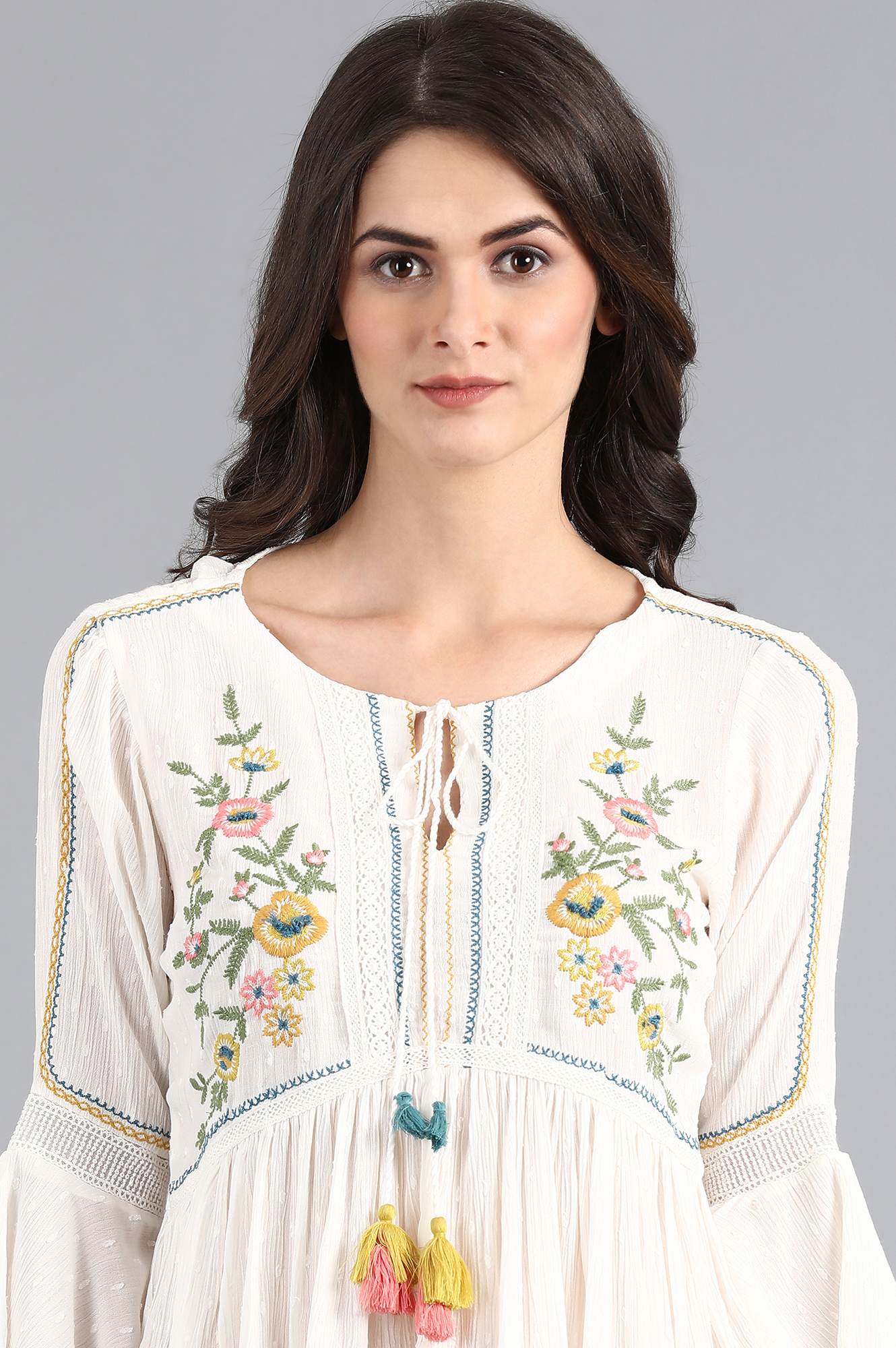 W for Woman White Round Neck Flared Top | Grocsy