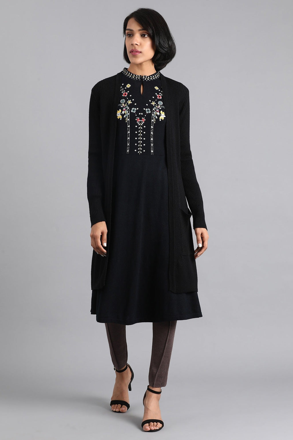 W for Woman Black Ribbed Cardigan | Grocsy