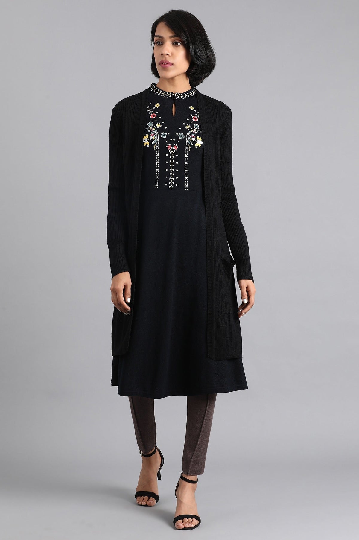 W for Woman Black Ribbed Cardigan | Grocsy
