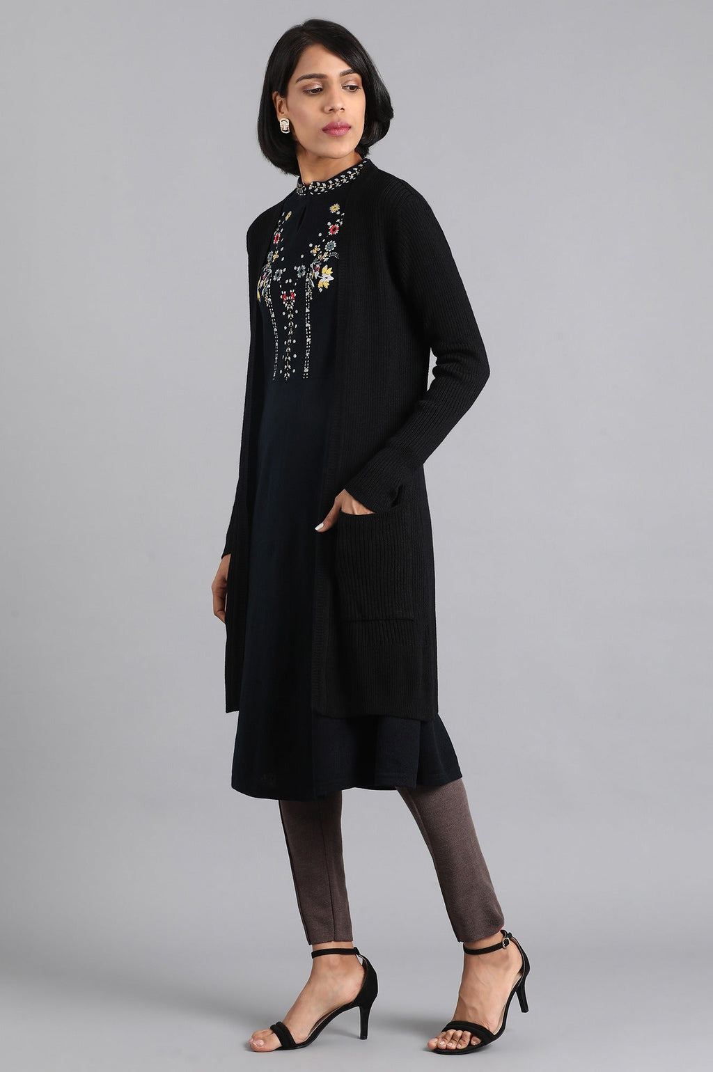 W for Woman Black Ribbed Cardigan | Grocsy