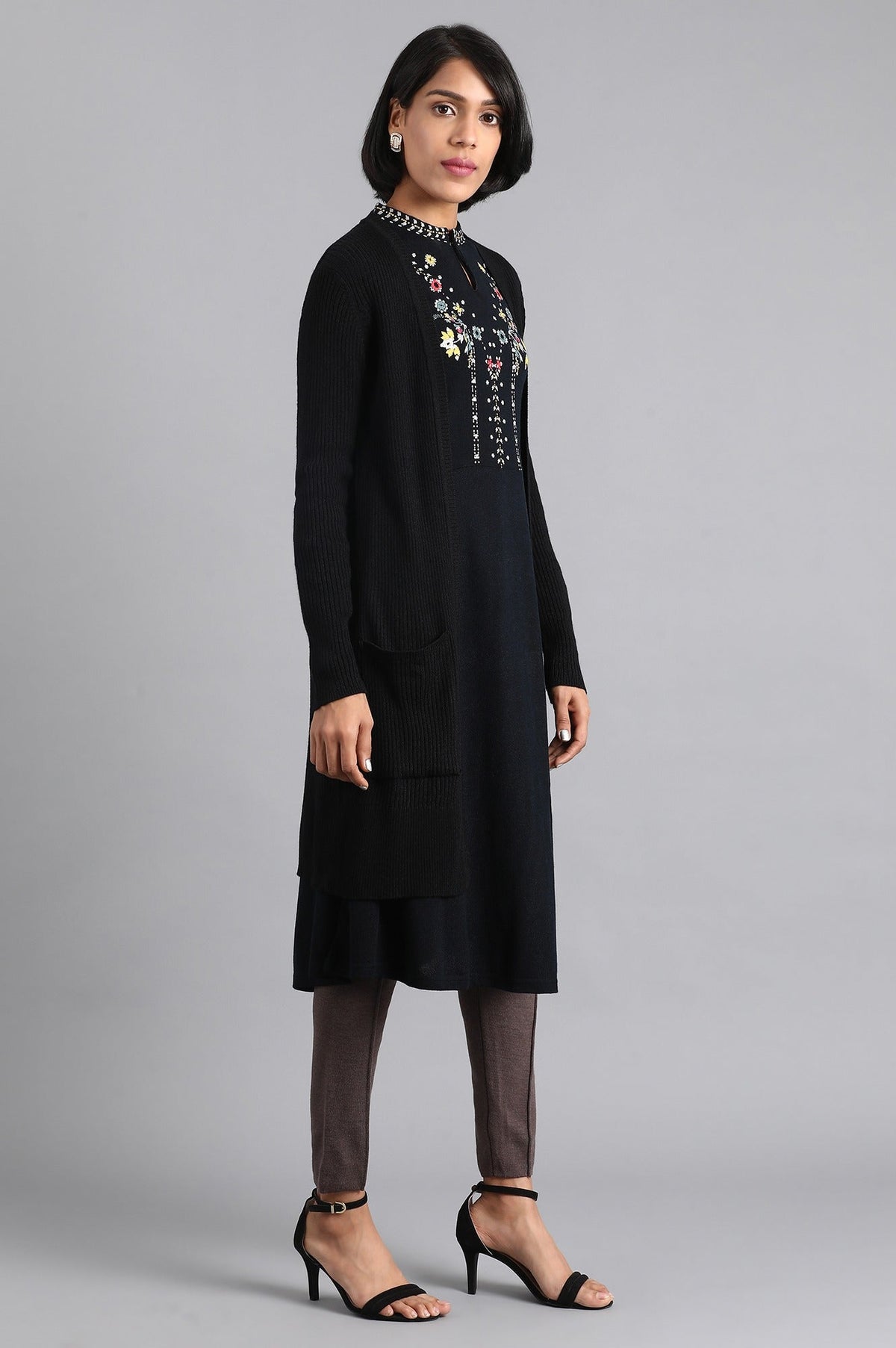 W for Woman Black Ribbed Cardigan | Grocsy