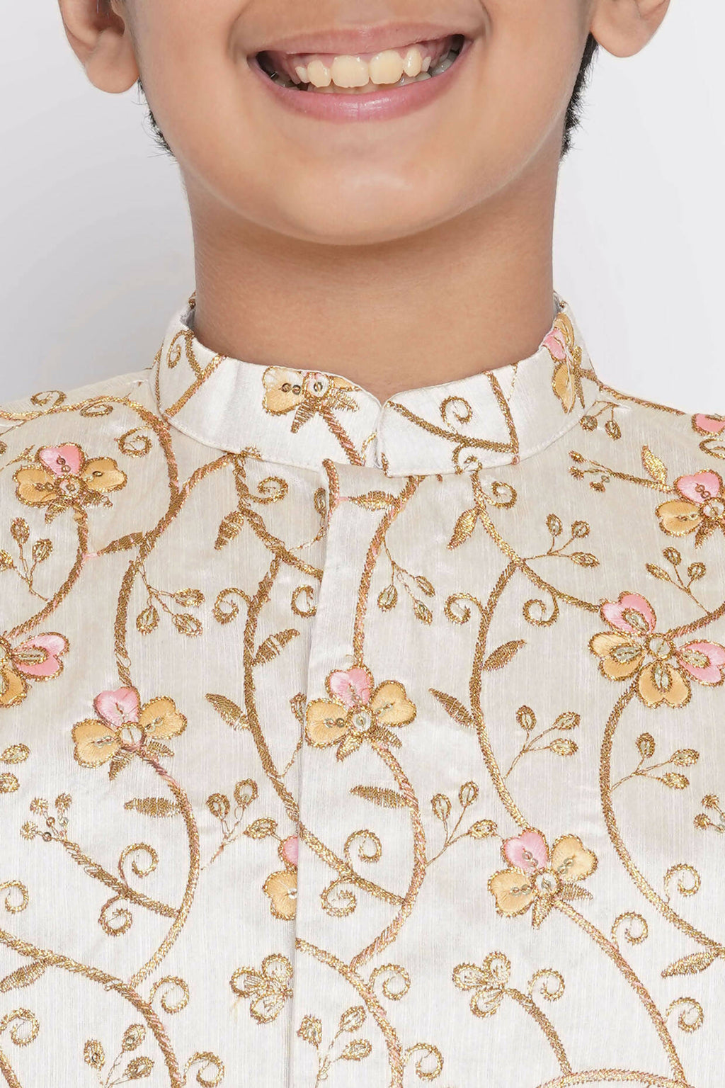 Little Bansi Banarsi Silk Orange Pink Floral Embroidery Jacket with Cotton Kantha kurta and Kantha Pyjama - Cream | Grocsy