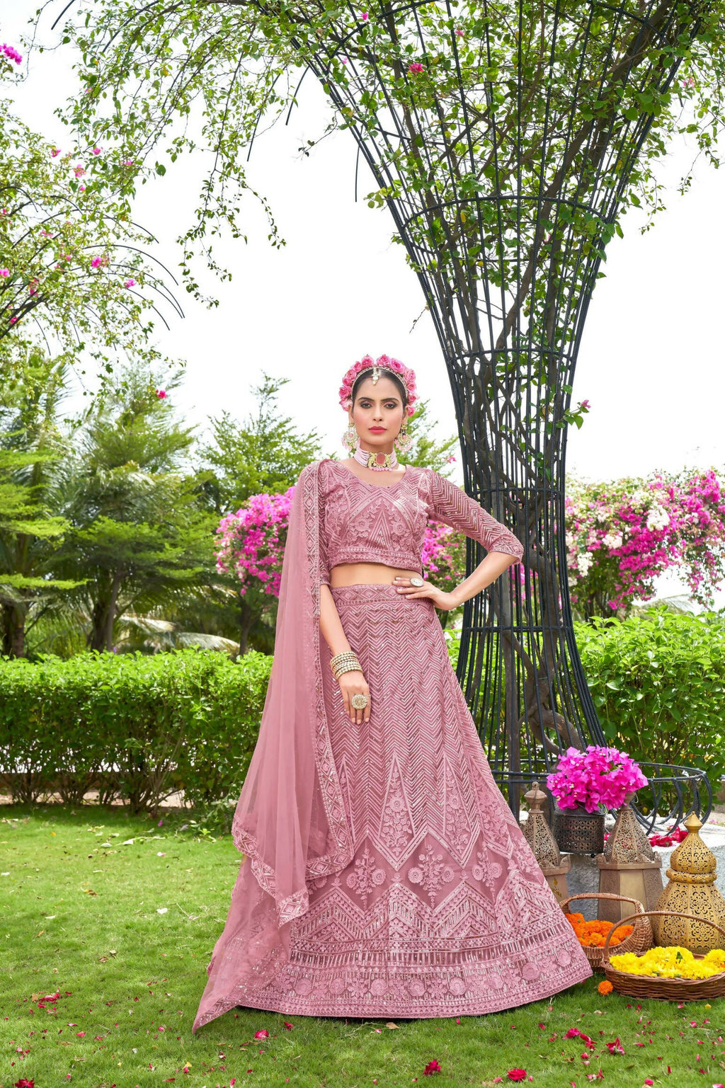 Pink Net Embroidered Semi Stitched Lehenga Choli with Dupatta - Bhagya | Grocsy