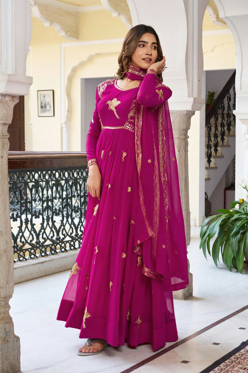 The52 Women's Gorgeous Faux Georgette Fabric Embroidery Work Flared Anarkali Pant and Dupatta Set | Grocsy