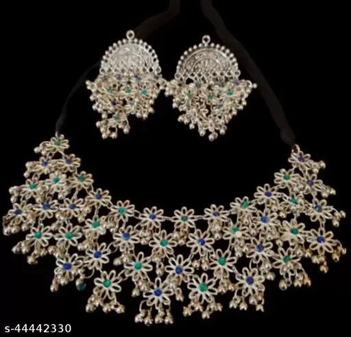 Tehzeeb Creations Women's Silver Colour Oxidised Necklace And Earring With Multi Beads | Grocsy