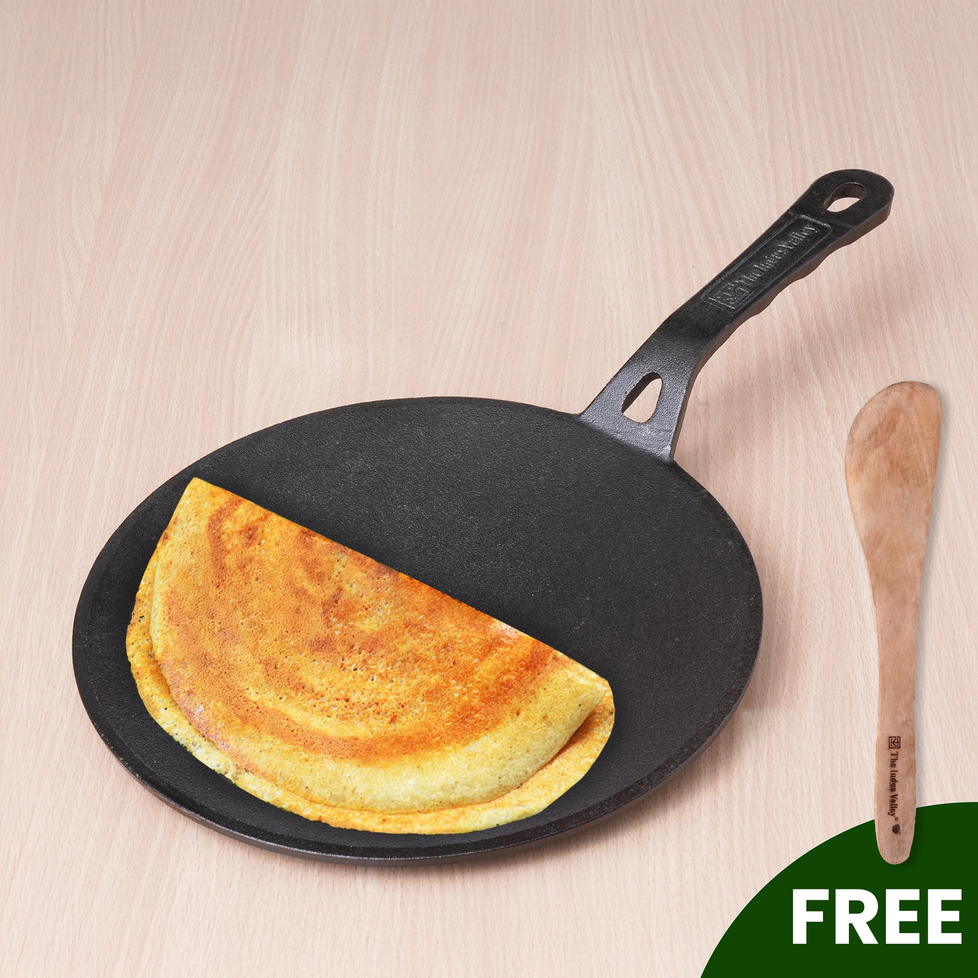 The Indus Valley CASTrong Cast Iron Concave Tawa, Pre-seasoned, Nonstick, 100% Pure, Toxin-free, Spatula, 25.4cm, 1.9kg | Grocsy