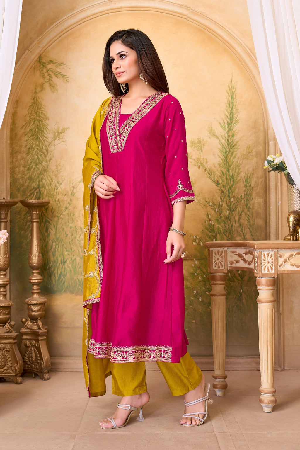 Anaita Pink Yellow Anarkali Readymade Suit with Embroidery Work | Grocsy