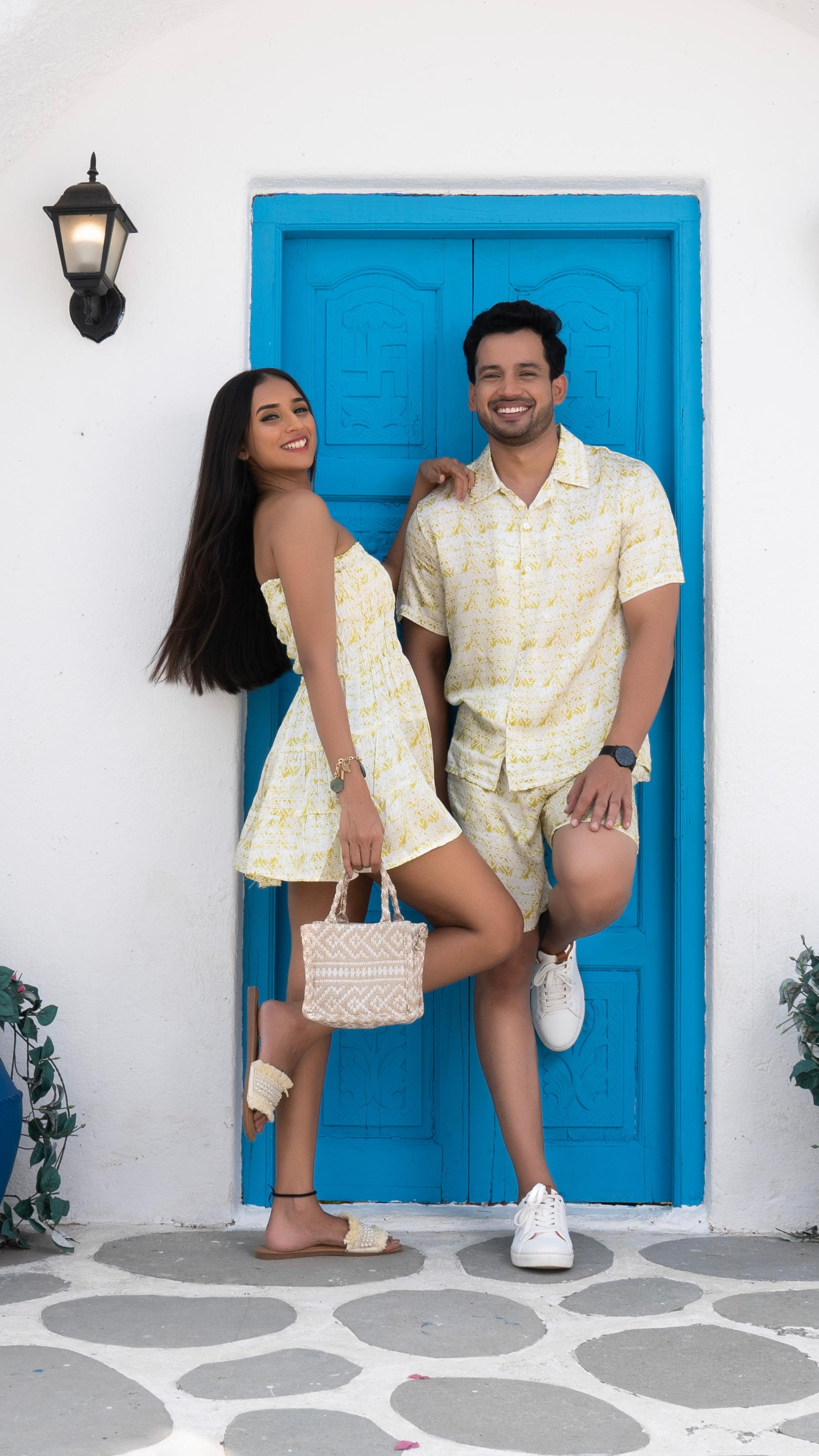 Noroke Cotton Satin White Chartreuse Couple Co-ord Set | Grocsy