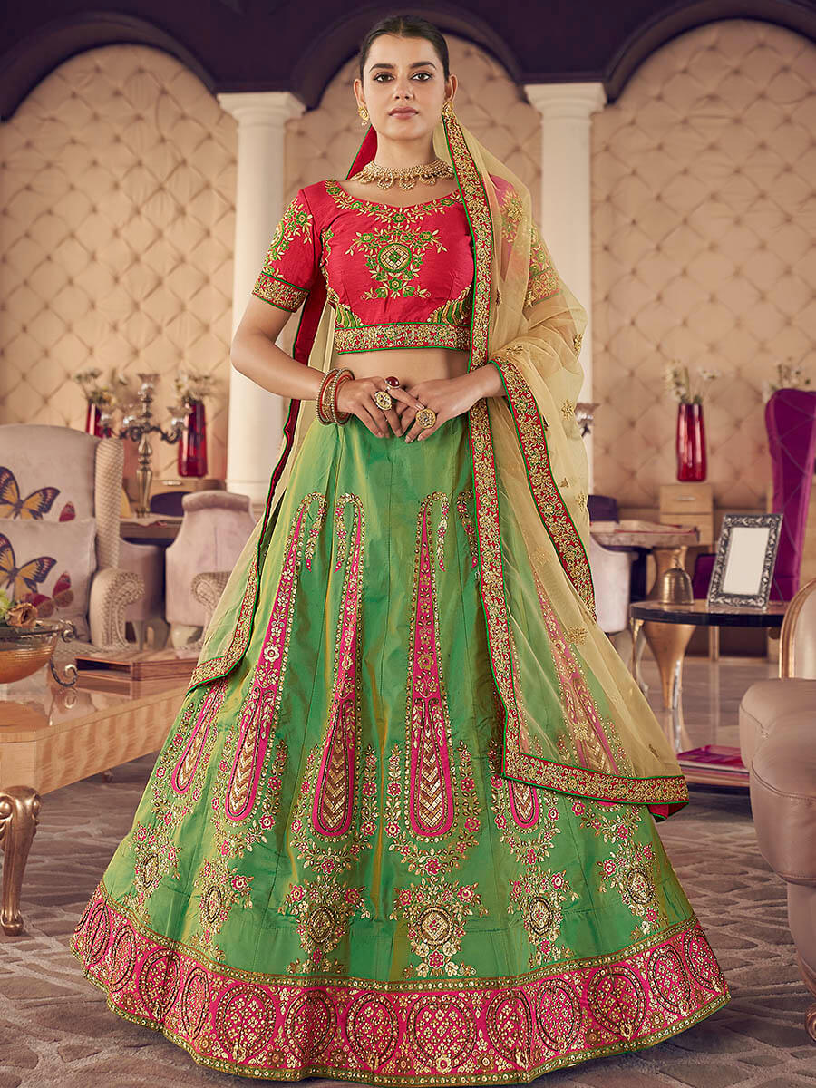 Myra Green Art Silk Jaquard Embroidered Lehenga | Grocsy