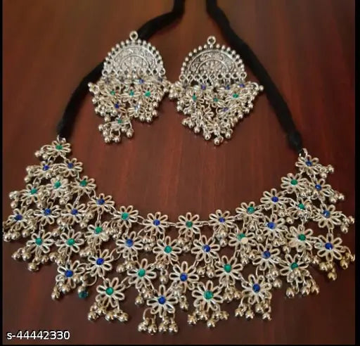 Tehzeeb Creations Women's Silver Colour Oxidised Necklace And Earring With Multi Beads | Grocsy