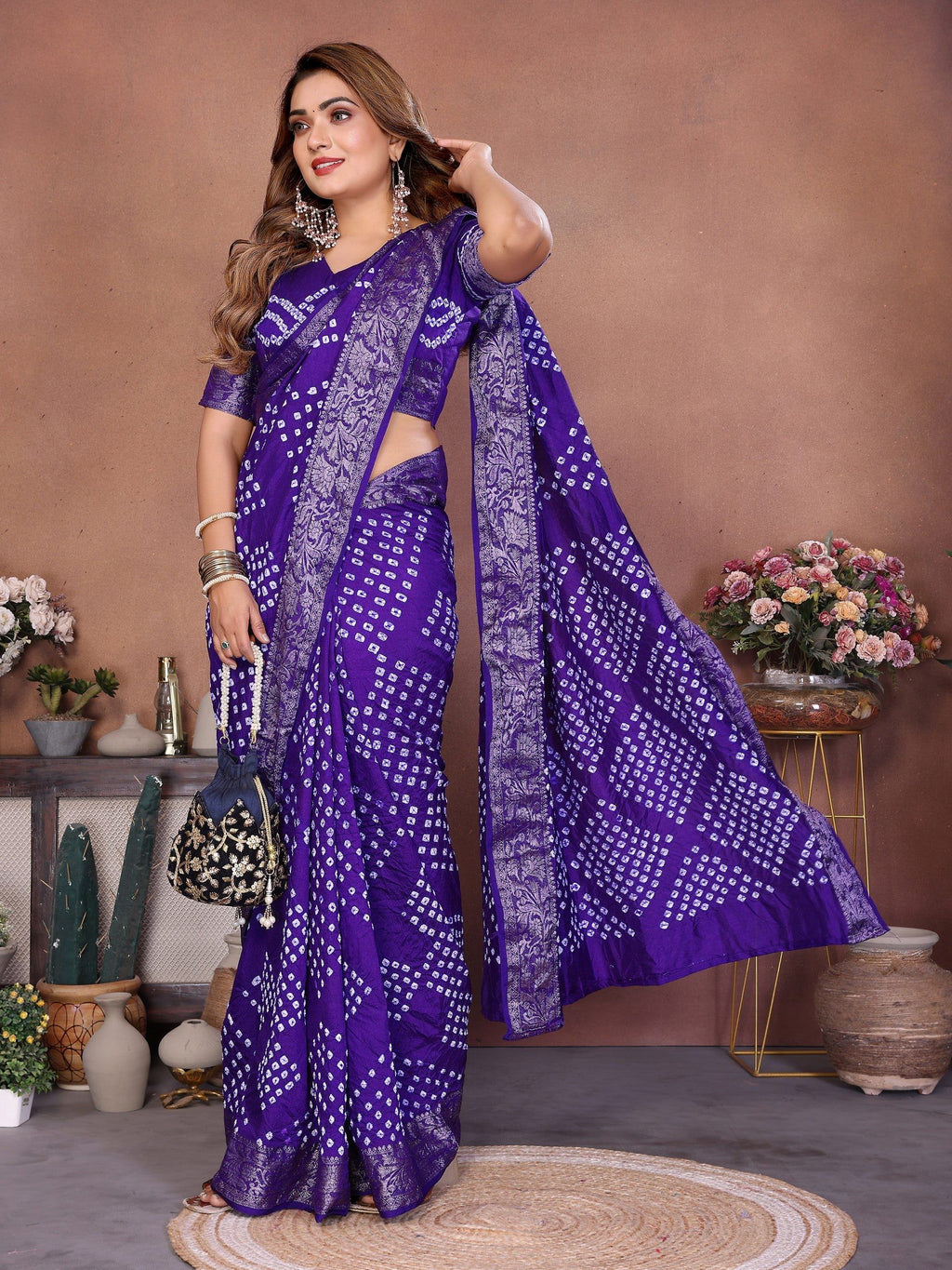 Anaita Blue Handmade Bandhej Viscose Silk Saree With Blouse | Grocsy