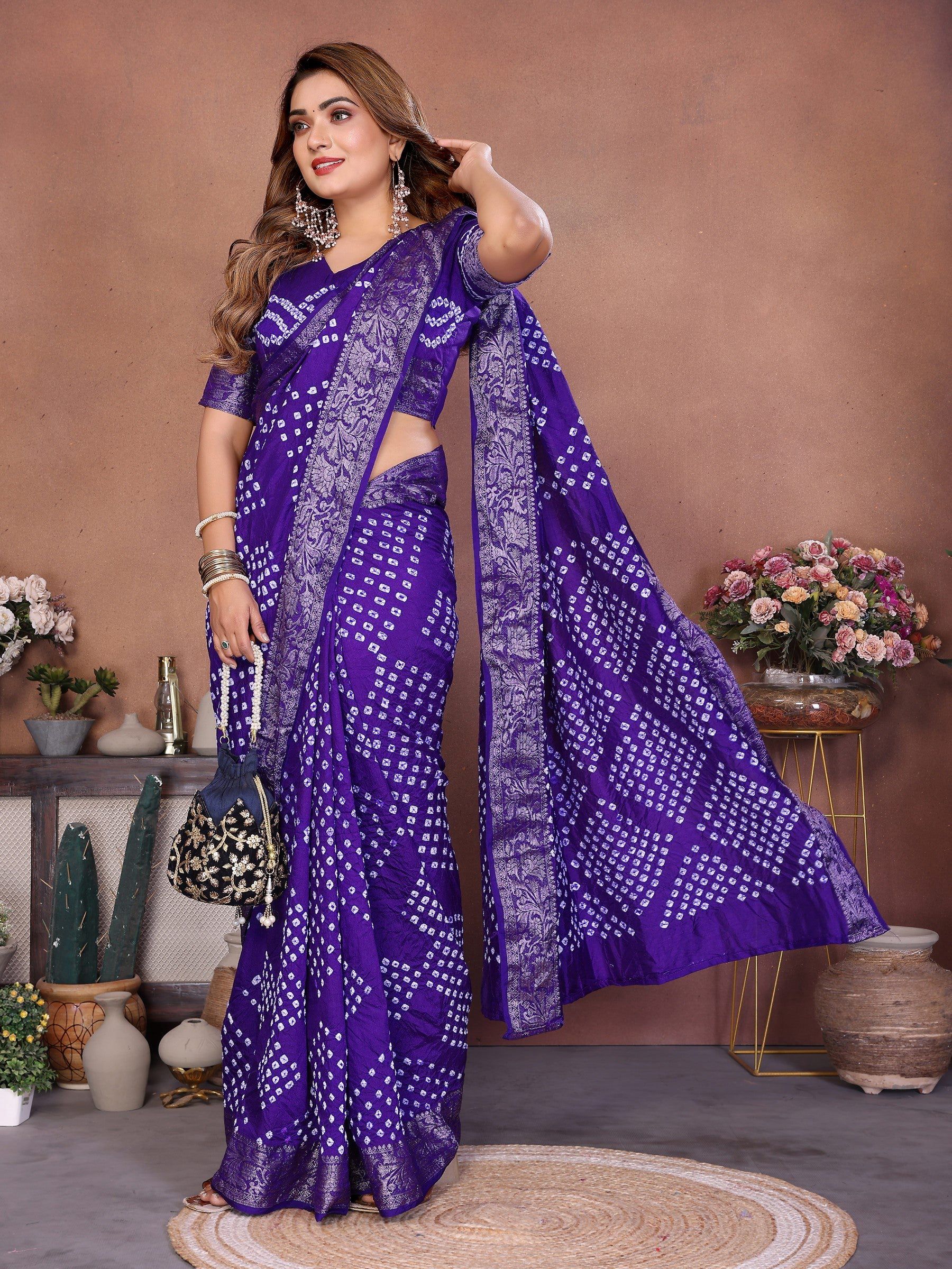 Anaita Blue Handmade Bandhej Viscose Silk Saree With Blouse | Grocsy