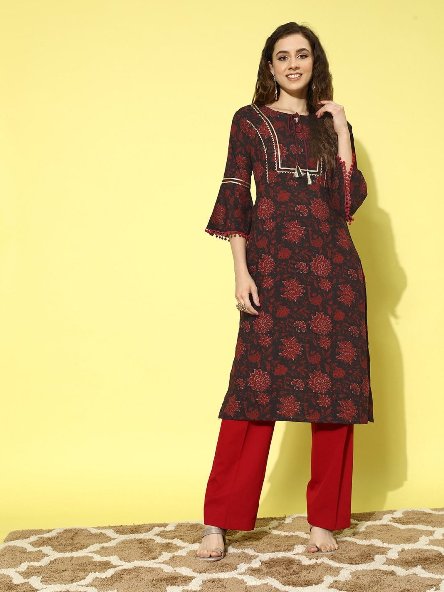 All About You Navy Blue Floral Printed Bell Sleeves Gotta Patti Pure Cotton Kurta | Grocsy