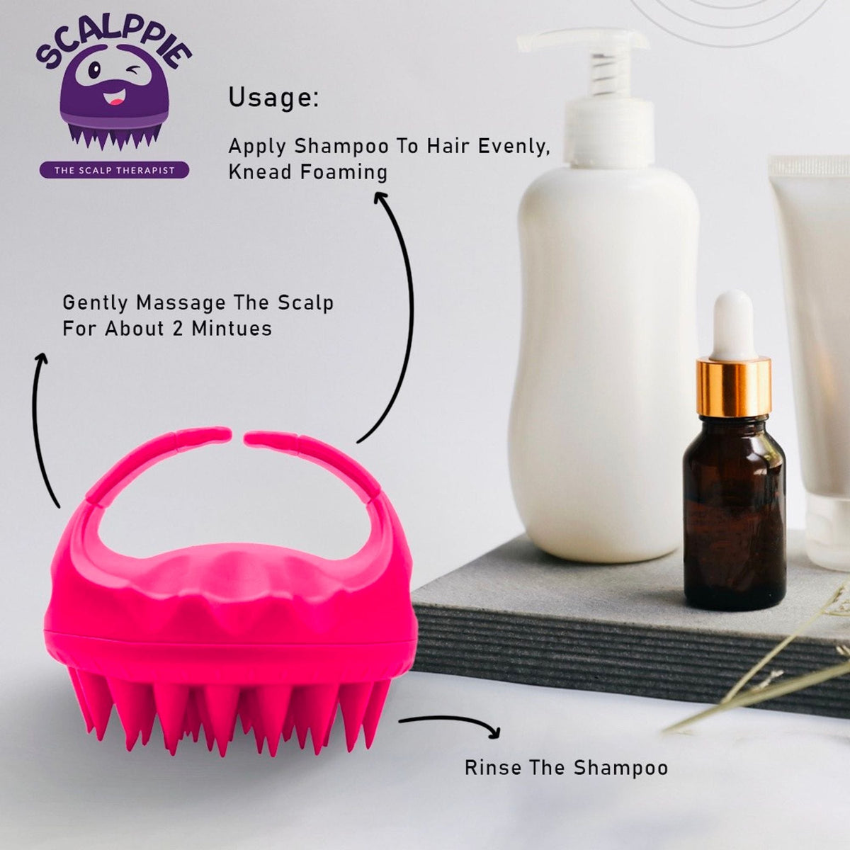 Scalppie Silicon Hair Scalp Massager & Shampoo Brush Scrub For Hair Growth & Anti Dandruff - Pink | Grocsy