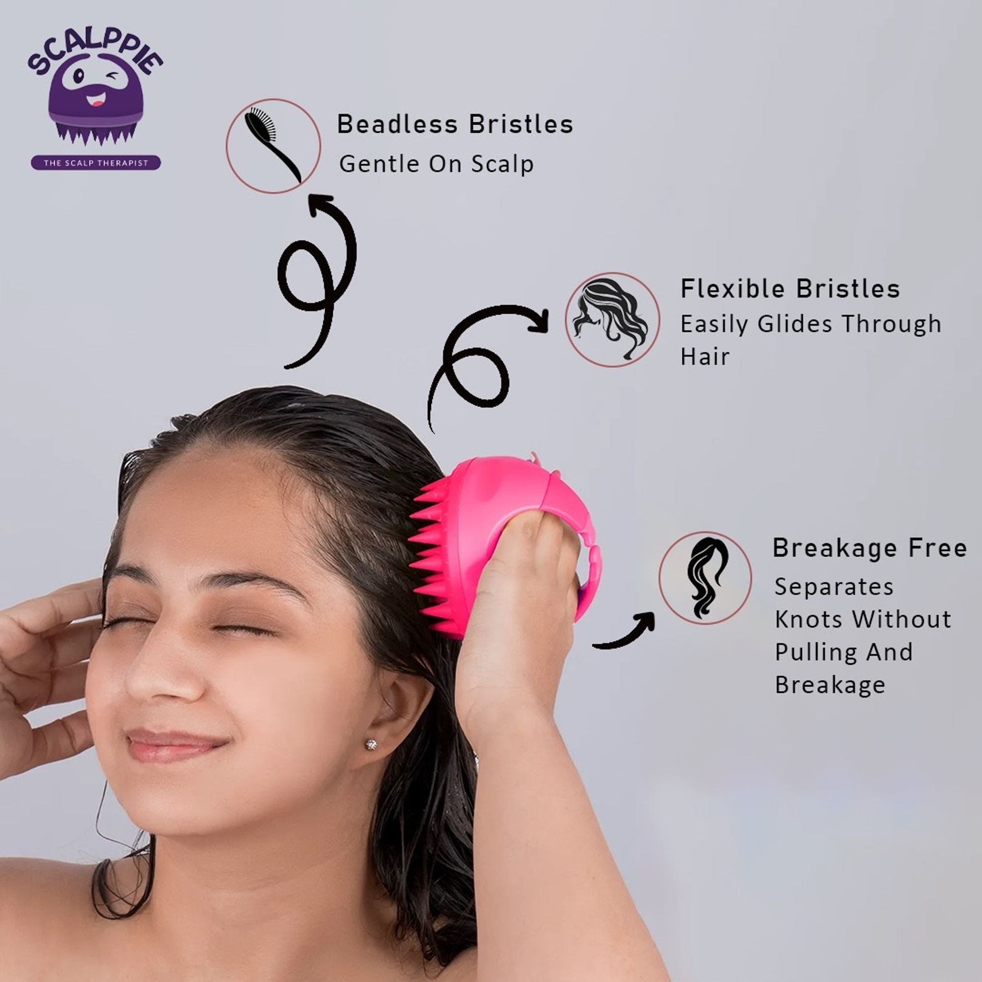 Scalppie Silicon Hair Scalp Massager & Shampoo Brush Scrub For Hair Growth & Anti Dandruff - Pink | Grocsy