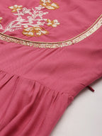 All About You Women Rust Pink Ethnic Motifs Yoke Design Thread Work Kurta with Dupatta | Grocsy