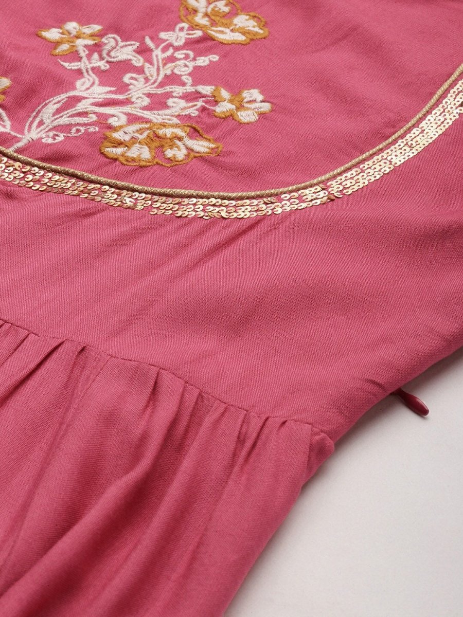 All About You Women Rust Pink Ethnic Motifs Yoke Design Thread Work Kurta with Dupatta | Grocsy
